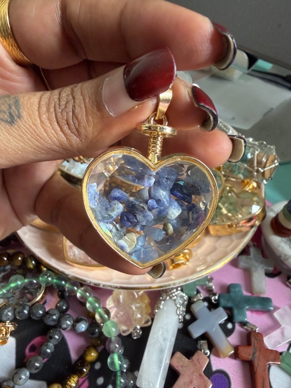 Gold Heart Locket Pendant with gemstone Chips